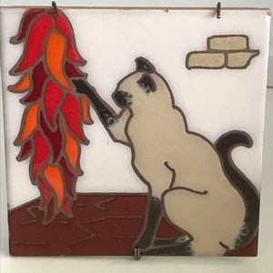 ARIUS Cat & Chili Peppers Santa Fe Art Tile Enameled Trivet W/Plate Hanger - VTG